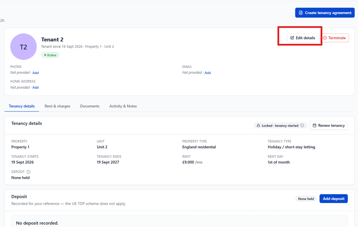 Edit details under tenant